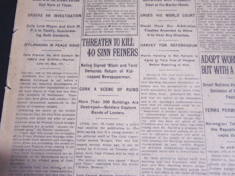 1920 DECEMBER 14 NEW YORK TIMES - THREATEN TO KILL 40 SINN FEINERS - NT 6778