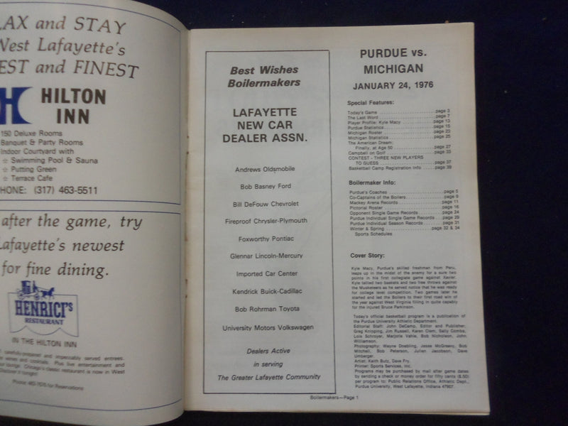 1976 JAN 24 COLLEGE BASKETBALL PROGRAM- PURDUE UNIV VS. UNIV MICHIGAN - SP 1533Q