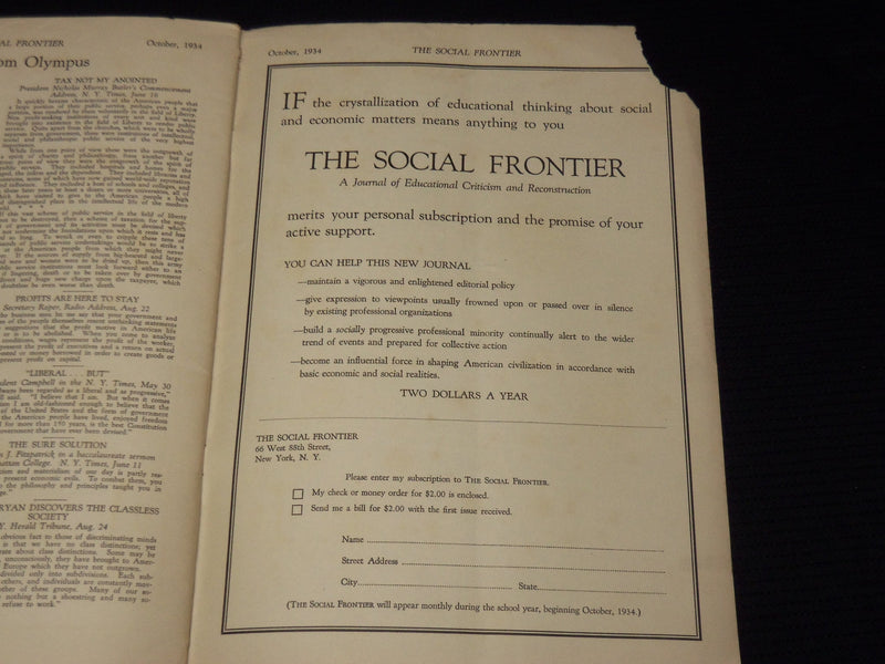 1934 OCTOBER THE SOCIAL FRONTIER JOURNAL MAGAZINE - VOLUME 1. NO. 1 - SP 4863E
