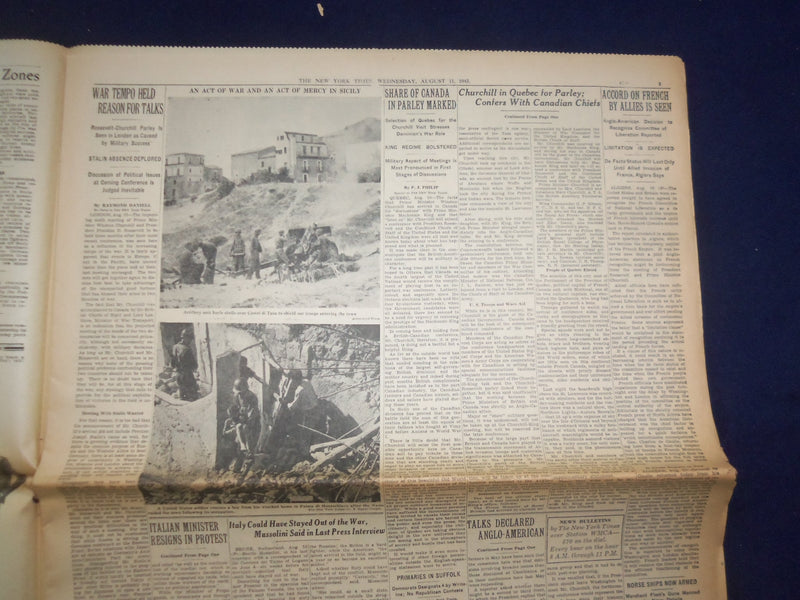 1943 AUG 11 NEW YORK TIMES -CHURCHILL IN QUEBEC, ROOSEVELT WILL SEE HIM- NP 6548