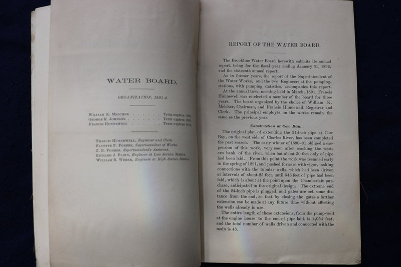 1892 BROOKLINE WATER BOARD ANNUAL REPORT SOFTCOVER BOOK - K 795