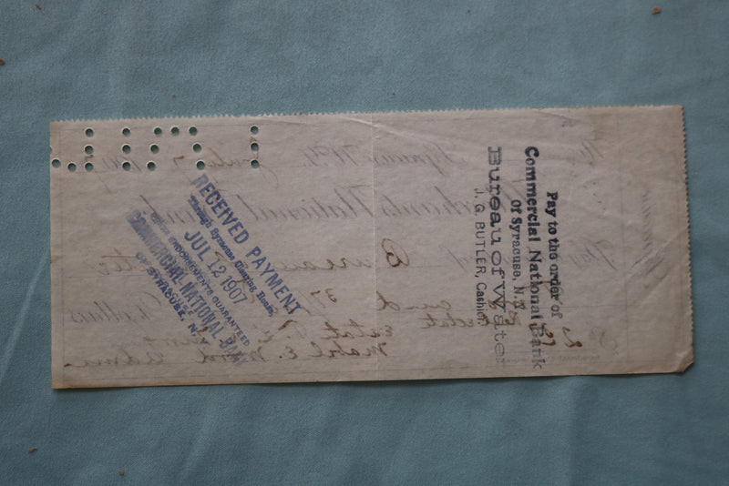 1907 SYRACUSE NEW YORK BUREAY OF WATER BILL AND CHECK - K 2528