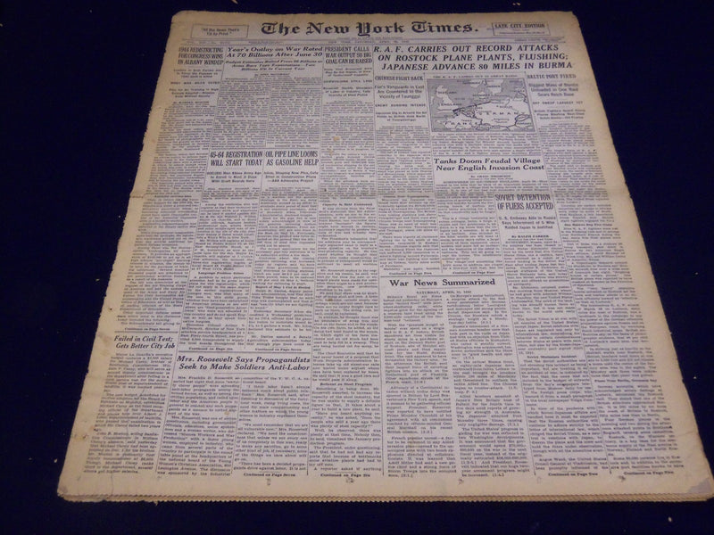 1942 APRIL 25 NEW YORK TIMES - R. A. F. CARRIES OUT RECORD ATTACKS - NT 1185