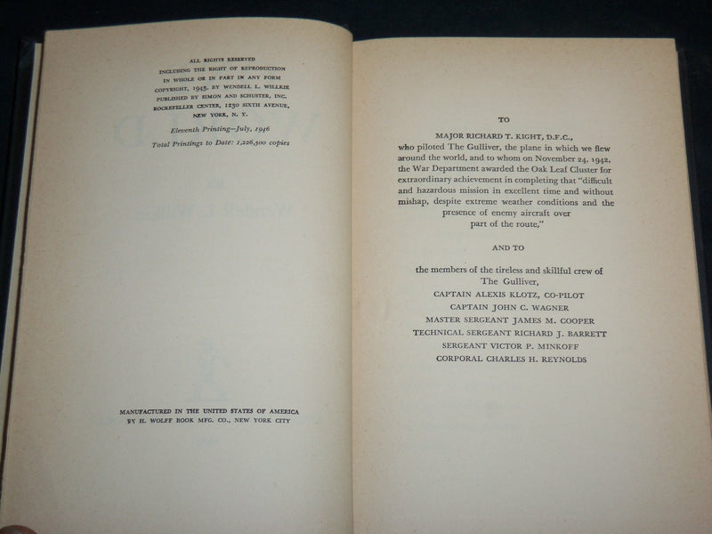 1946 ONE WORLD HARDCOVER BOOK BY WENDELL L. WILLKIE - 11TH PRINTING - KD 6685