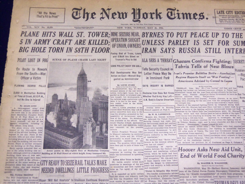 1946 MAY 21 NEW YORK TIMES - PLANE HITS WALL ST. TOWER 5 IN ARMY CRAFT - NT 855