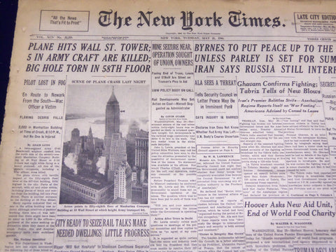 1946 MAY 21 NEW YORK TIMES - PLANE HITS WALL ST. TOWER 5 IN ARMY CRAFT - NT 855