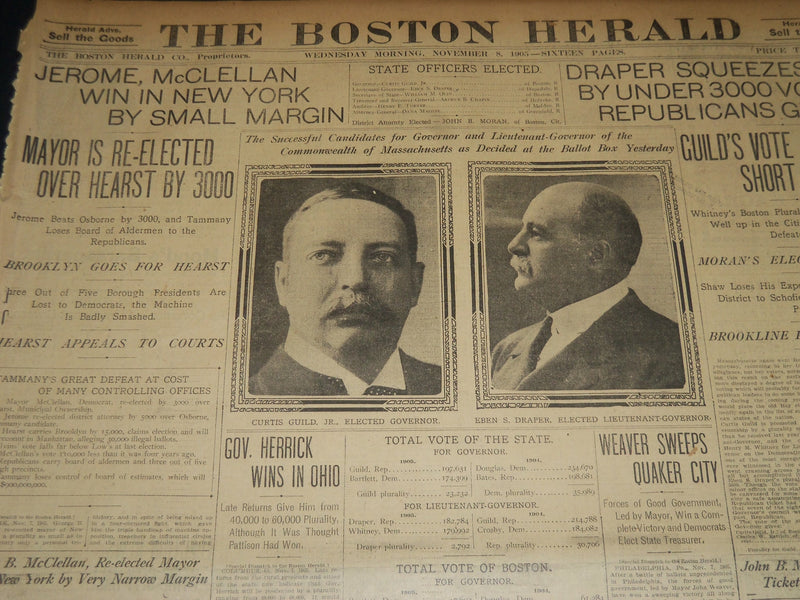 1905 NOVEMBER 8 THE BOSTON HERALD - JEROME MCCLELLAN WIN IN NEW YORK - BH 261