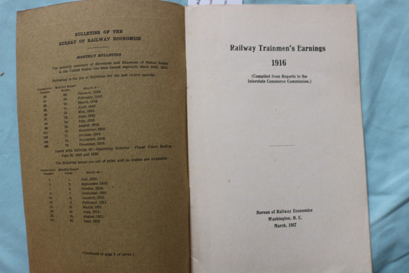 1916-1917 BUREAU OF RAILWAY ECONOMICS REPORTS - LOT OF 2 - SOFTCOVER - K 3258