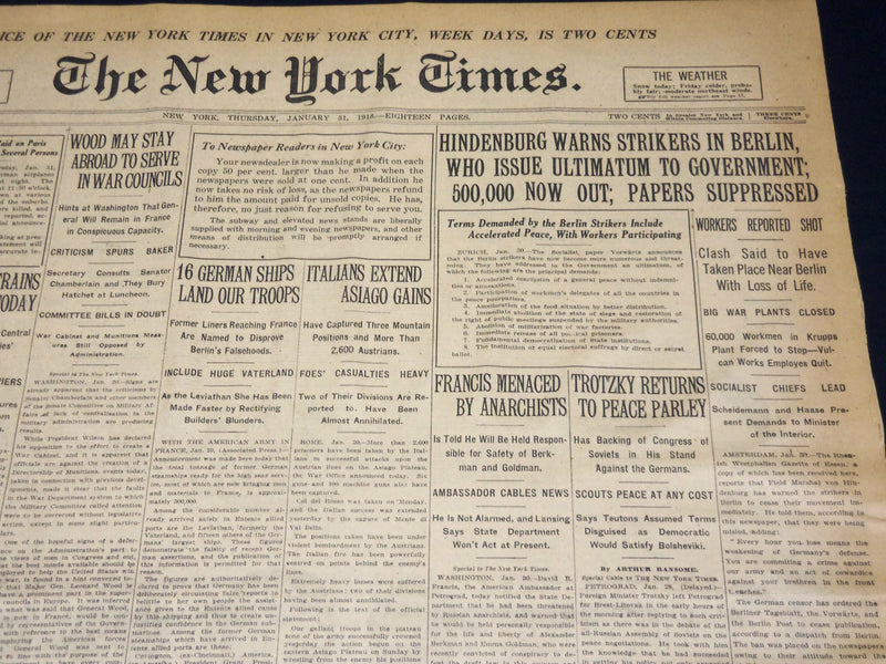 1918 JANUARY 31 NEW YORK TIMES - HINDENBURG WARNS STRIKES IN BERLIN - NT 7928