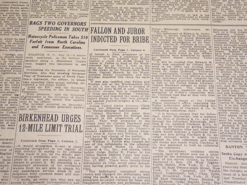 1923 JULY 12 NEW YORK TIMES NEWSPAPER- FALLON AND JUROR INDICTED BRIBE - NT 7745