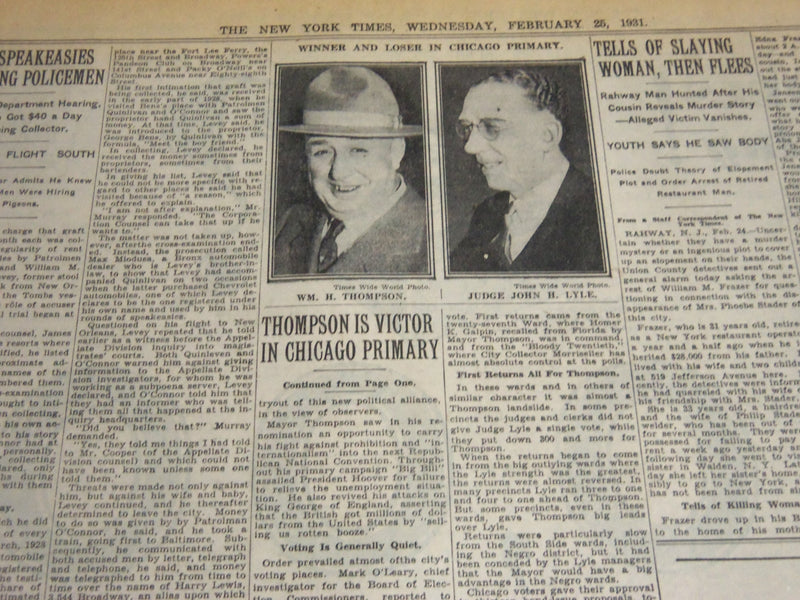 1931 FEB 25 NEW YORK TIMES - THOMPSON IS VICTOR IN CHICAGO PRIMARY - NT 6669