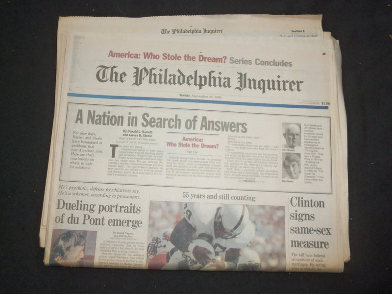 1996 SEPTEMBER 22 PHILADELPHIA INQUIRER-CLINTON SIGNS SAME-SEX MEASURE - NP 7443