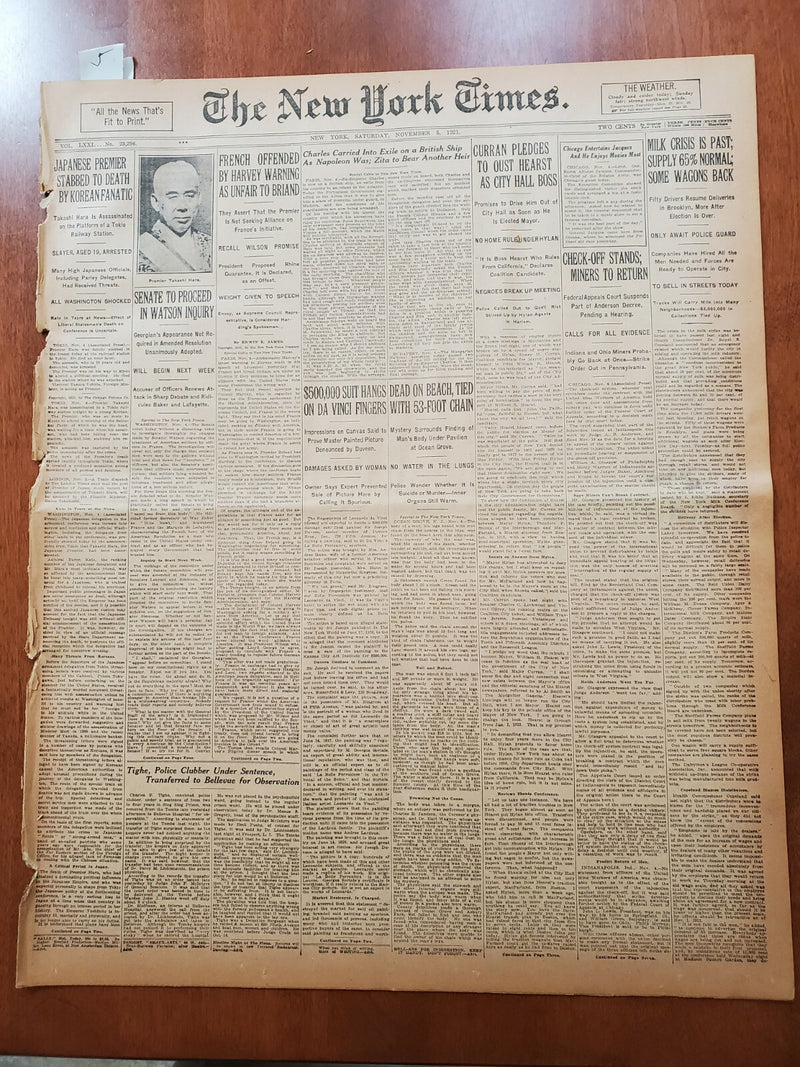 1921 NOVEMBER 5 NEW YORK TIMES - JAPANESE PREMIER STABBED TO DEATH - NT 8024