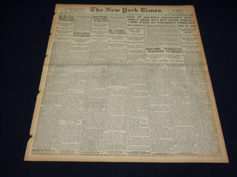 1920 FEBRUARY 19 NEW YORK TIMES - TEXT OF WILSON'S POSTSCRIPT OUT - NT 7884