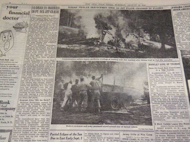 1951 AUGUST 21 NEW YORK TIMES - 12 DEAD IN FT. DIX JET CRASH - NT 2051