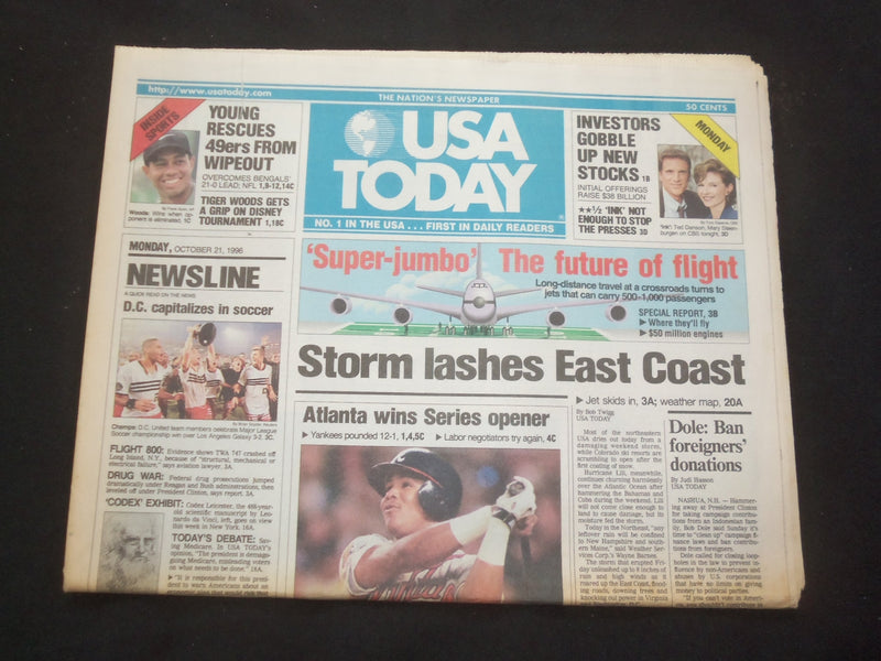 1996 OCTOBER 21 USA TODAY NEWSPAPER - STORM LASHES EAST COAST - NP 7831