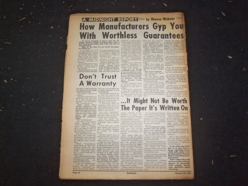 1967 JANUARY 30 MIDNIGHT NEWSPAPER - UNBORN BABY SHOT IN MOM'S WOMB - NP 7375