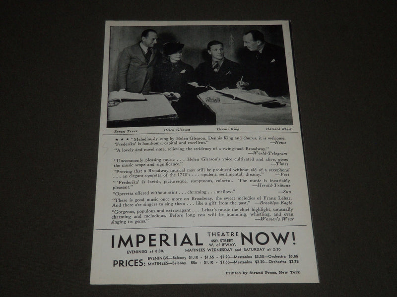 1937-1938 FREDERIKA BROADWAY PROGRAM - DENNIS KING - HELEN GLEASON - J 2398