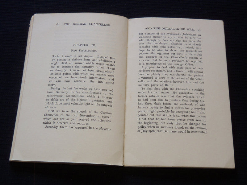 1917 THE GERMAN CHANCELLOR OUTBREAK OF WAR BOOK BY J. W. HEADLUM - J 7239