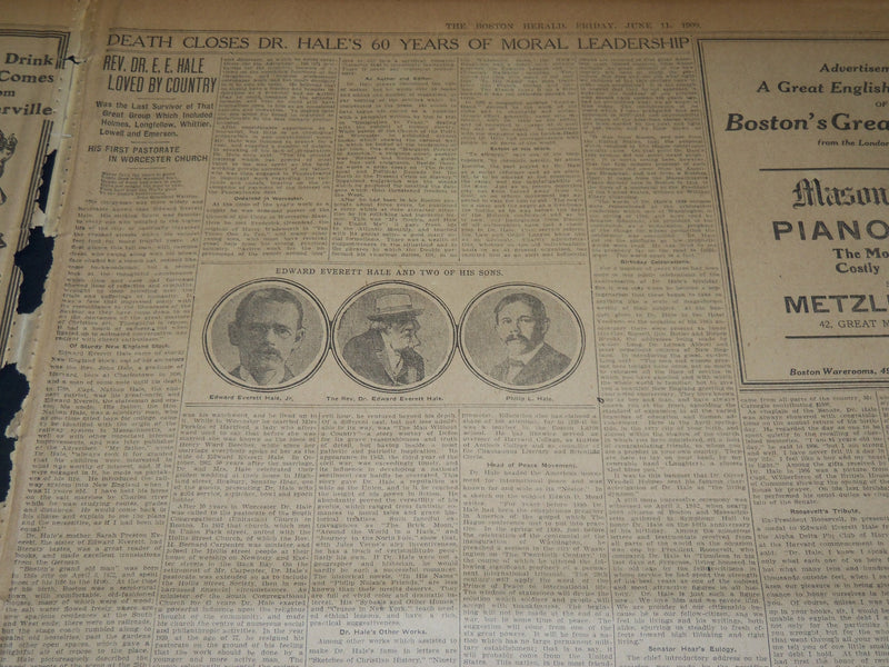 1909 JUNE 11 THE BOSTON HERALD - EDWARD EVERETT HALE DEAD AT 88 - BH 380