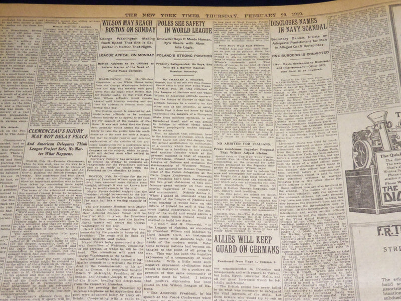 1919 FEBRUARY 20 NEW YORK TIMES - ANARCHIST SHOOTS PREMIER CLEMENCEAU - NT 7975