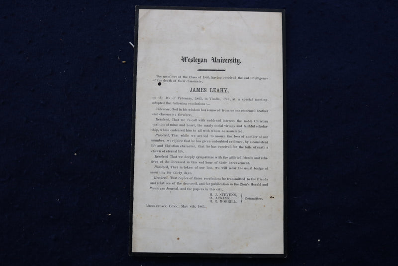 1865 JAMES LEAHY DEATH NOTICE - WESLEYAN UNIVERSITY - SOFTCOVER - K 933