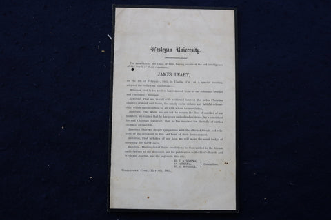 1865 JAMES LEAHY DEATH NOTICE - WESLEYAN UNIVERSITY - SOFTCOVER - K 933