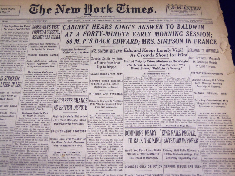 1936 DEC 5 NEW YORK TIMES - CABINET HEARS KING'S ANSWER TO BALDWIN - NT 2121