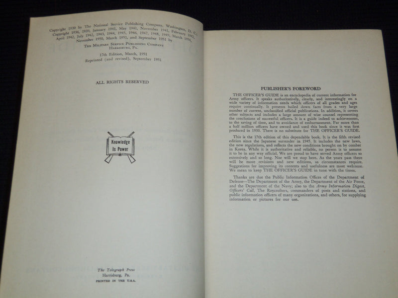 1951 THE OFFICERS GUIDE BOOK - U. S. ARMY - KD 7835