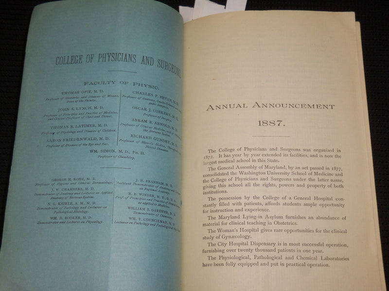 1887-1888 COLLEGE OF PHYSICIANS AND SURGEONS CATALOGUE - J 6869