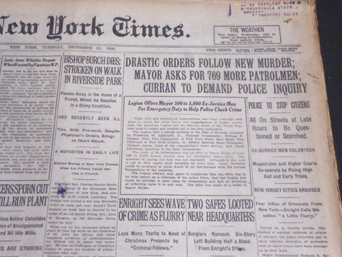 1920 DECEMBER 21 NEW YORK TIMES - MAYOR ASKS FOR 769 MORE PATROLMEN - NT 6754