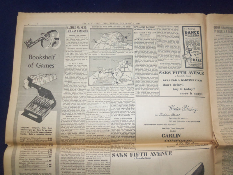 1942 NOV 9 NEW YORK TIMES - U.S. SEIZES AFRICAN BEACHHEADS AND AIRPORTS- NP 6514