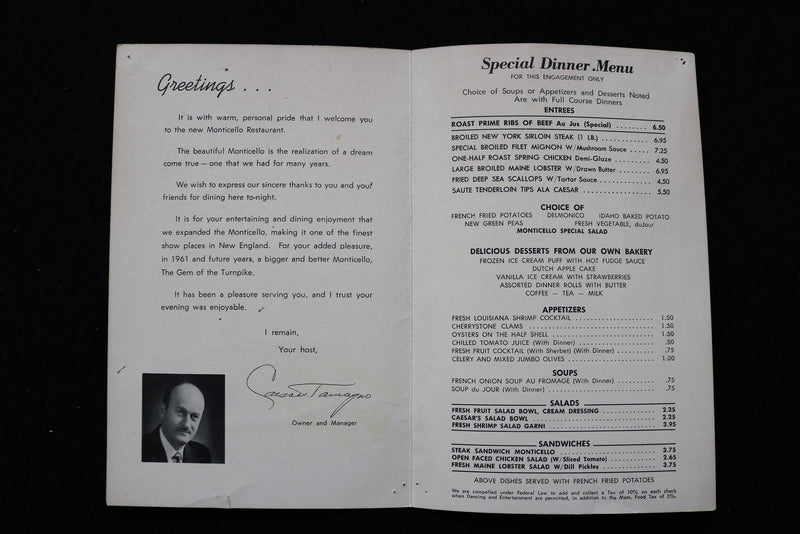 1950'S CAESAR'S MONTICELLO MENU - ABBE LANE SIGNED COVER - K 2864