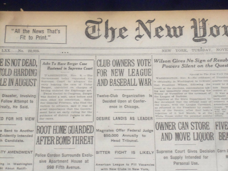 1920 NOVEMBER 9 NEW YORK TIMES - OWNERS FOR NEW LEAGUE AND BASEBALL WAR- NT 8449