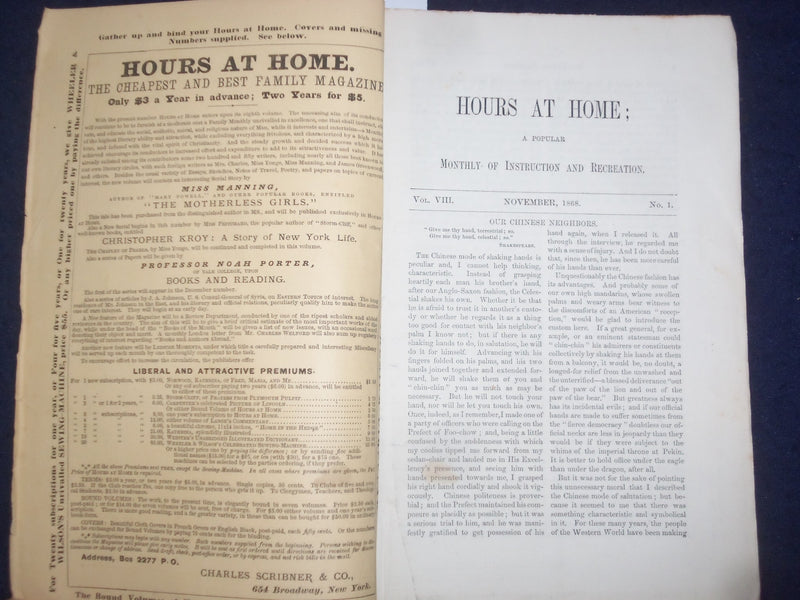 1868 JAN-SEP-NOV HOURS AT HOME MONTHLY MAGAZINE - LOT OF 3 - J 9796