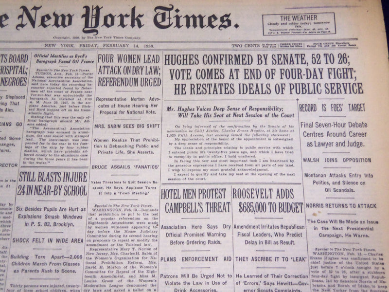 1930 FEBRUARY 14 NEW YORK TIMES - HUGHES CONFIRMED AS CHIEF JUSTICE - NT 1562
