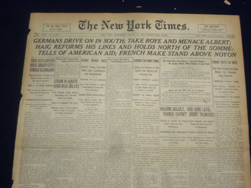 1918 MARCH 27 NEW YORK TIMES - GERMANS TAKE ROYE AND MENACE ALBERT - NT 8158
