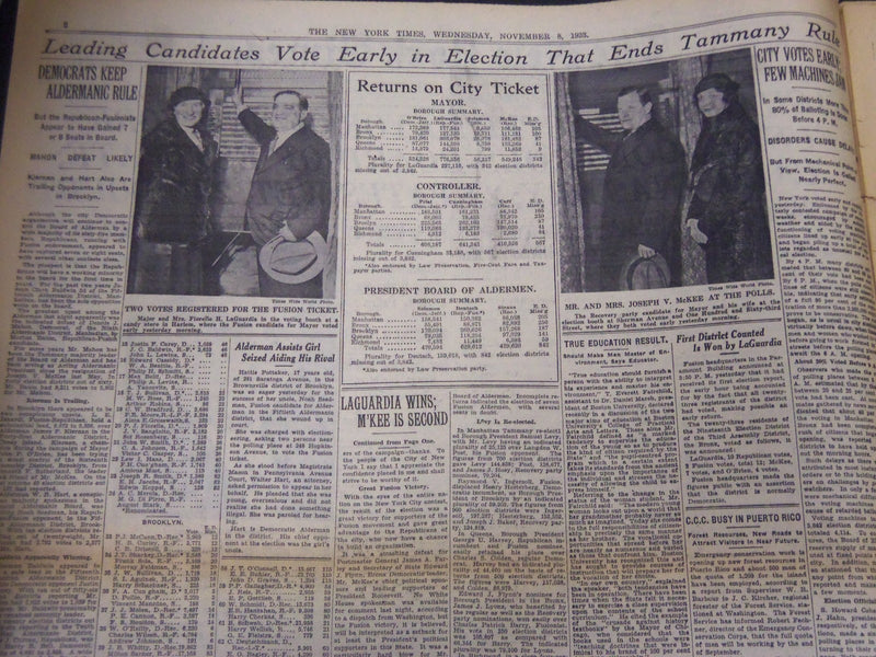 1933 NOVEMBER 8 NEW YORK TIMES - LAGUARDIA ELECTED MAYOR OF NEW YORK - NT 5263