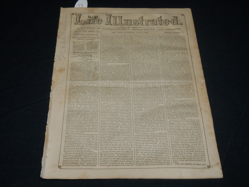 1856 JUNE 7 LIFE ILLUSTRATED NEWSPAPER - DR. CARNOCHAN - NP 4854