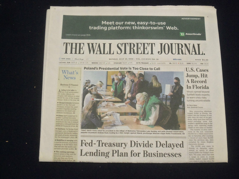 2020 JULY 13 WALL STREET JOURNAL NEWSPAPER - CASES JUMP, HIT A RECORD IN FLORIDA