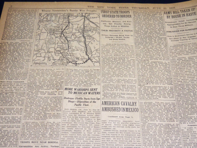 1916 NEW YORK TIMES - AMERICAN CAVALRY AMBUSHED BY CARRANZA TROOPS - NT 8625