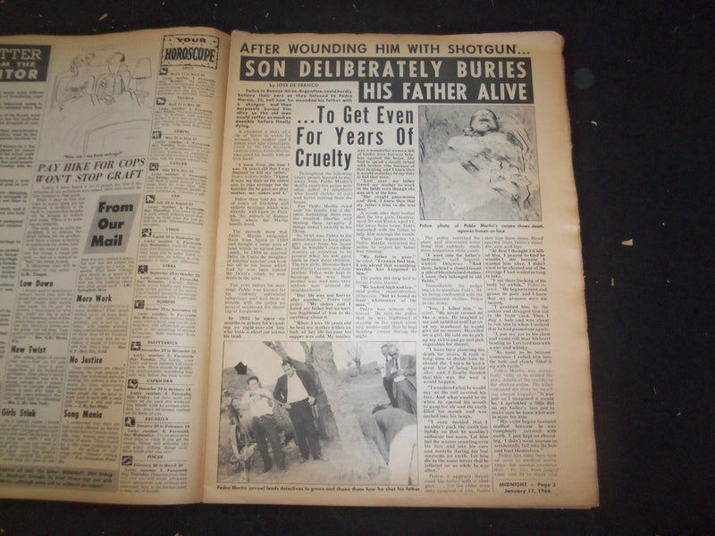 1966 JANUARY 17 MIDNIGHT NEWSPAPER - SON BURIES DAD ALIVE - NP 7358