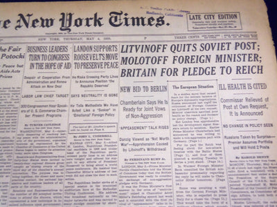 1939 MAY 4 NEW YORK TIMES - LITVINOFF QUITS SOVIET POST, FOREIGN MINIST - NT 605