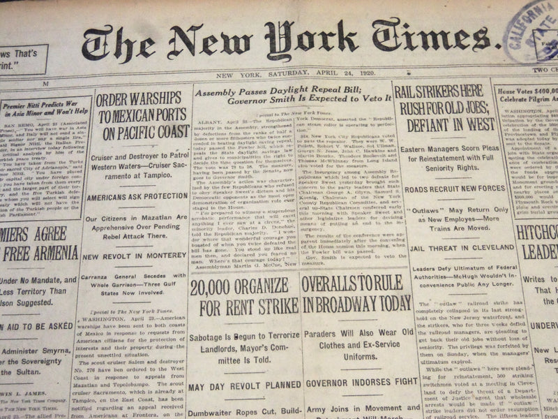 1920 APRIL 24 NEW YORK TIMES - ASSEMBLY PASSES DAYLIGHT REPEAL BILL - NT 5885