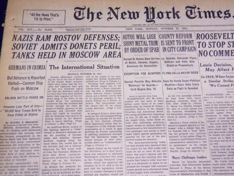 1941 OCT 27 NEW YORK TIMES - NAZIS RAM ROSTOV, ROOSEVELT APPEALS - NT 1085