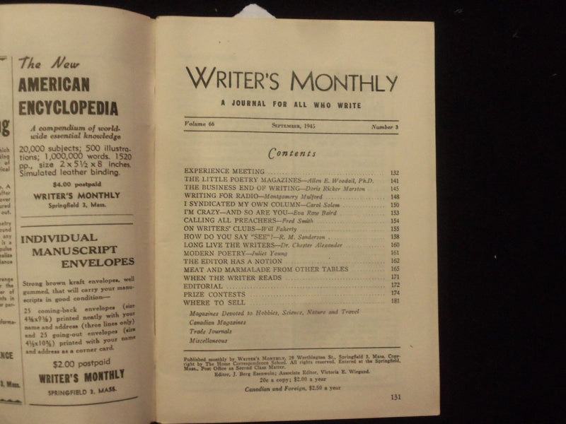 1943 AUGUST & 1945 SEPTEMBER WRITER'S MONTHLY MAGAZINE - LOT OF 2 - K 107