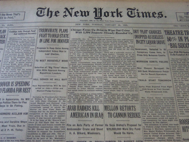 1929 JAN 22 NEW YORK TIMES - CHICAGO KEEPS UP DRIVE TO WIPE OUT CRIME - NT 6625