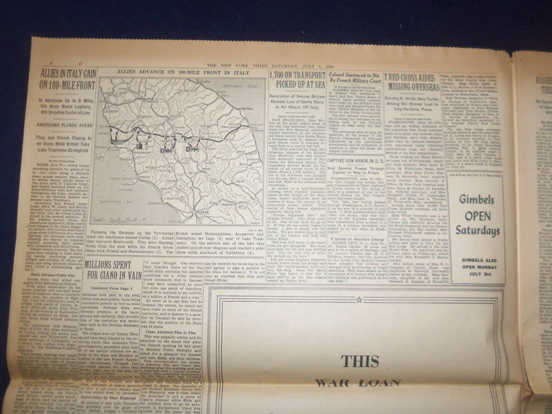 1944 JULY 1 NEW YORK TIMES -ALLIES PRESS ON CAEN AFGER BATTLES OF TANKS- NP 6582