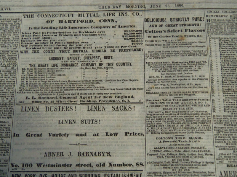 1866 JUNE 27 & 28 PROVIDENCE DAILY JOURNAL NEWSPAPER LOT OF 2 - NP 614F