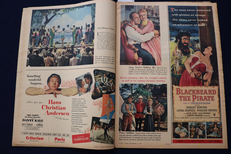 1952 NOV 16 SUNDAY NEWS PICTURE NEWSPAPER -RAY BOLGER-DORIS DAY-MOVIES - E 22771